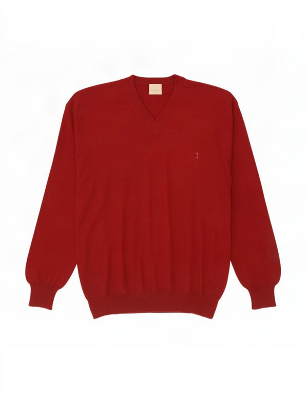 Trussardi Mens V-Neck Jumper Sweater Large Red Merino Wool