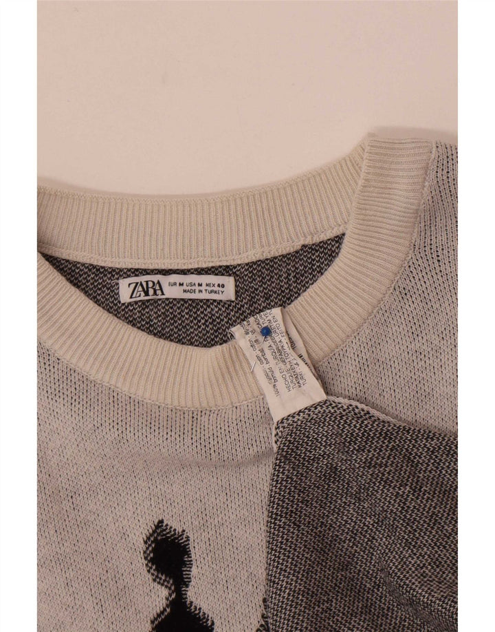 Zara Mens Graphic Boat Neck Jumper Sweater Medium Grey Cotton
