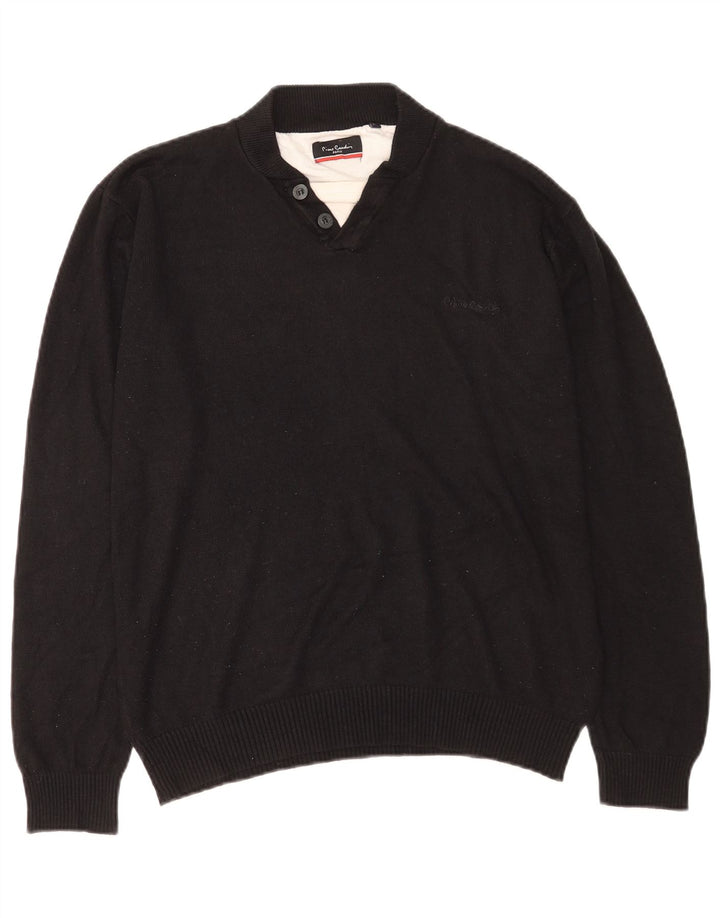 Pierre Cardin Mens Button Neck Jumper Sweater Large Black Acrylic