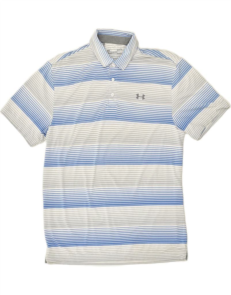 UNDER ARMOUR Mens Heat Gear Polo Shirt Large Blue Striped Polyester | Vintage Under Armour | Thrift | Second-Hand Under Armour | Used Clothing | Messina Hembry 
