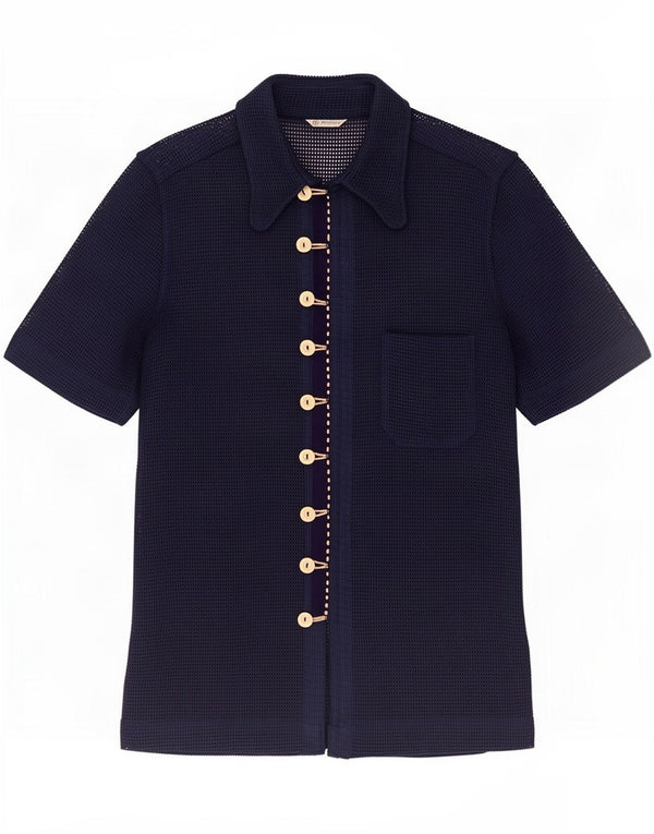 Vintage Mens See Through Short Sleeve Shirt Small Navy Blue