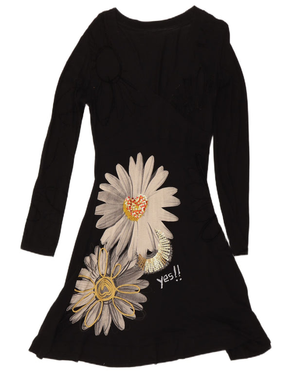 Desigual Womens Graphic Long Sleeve A-Line Dress UK 14 Large Black Floral