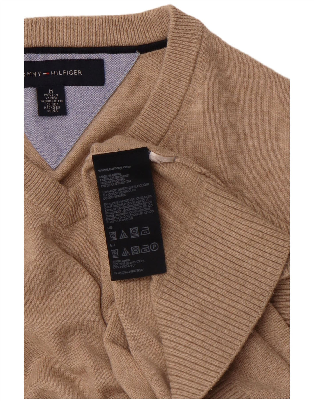 TOMMY HILFIGER Mens V-Neck Jumper Sweater Medium Beige Cotton