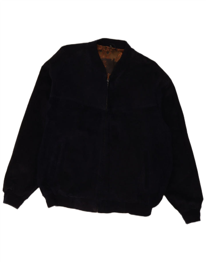VINTAGE Mens Suede Bomber Jacket IT 54 2XL Navy Blue Leather