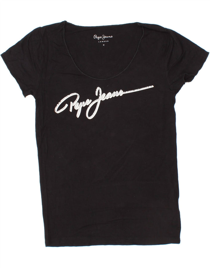 PEPE JEANS Womens Graphic T-Shirt Top UK 12 Medium Black Viscose Vintage PEPE Jeans and Second-Hand PEPE Jeans from Messina Hembry 