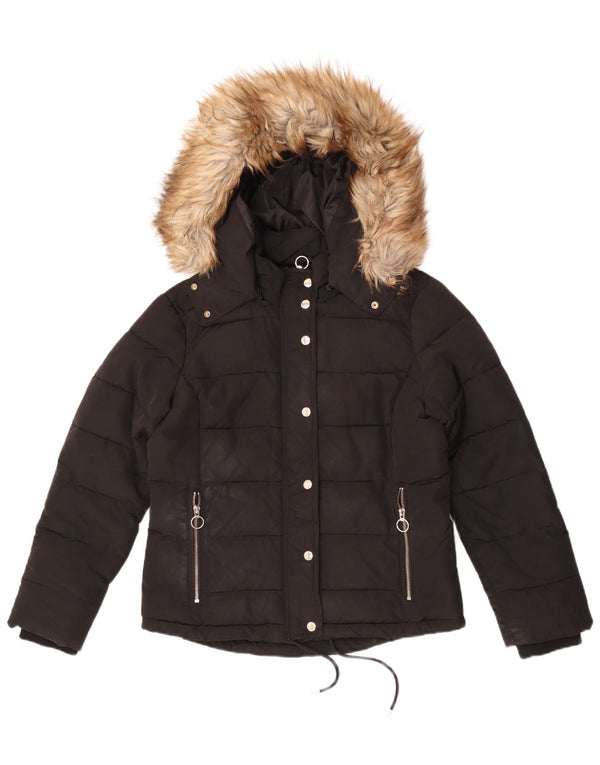 Topshop Womens Hooded Padded Jacket UK 12 Medium Black Polyester