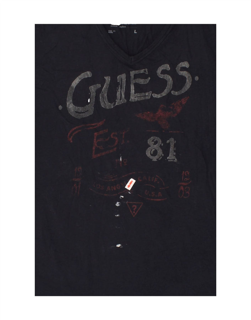 GUESS Womens Graphic T-Shirt Top UK 14 Large Navy Blue Cotton Vintage Guess and Second-Hand Guess from Messina Hembry 