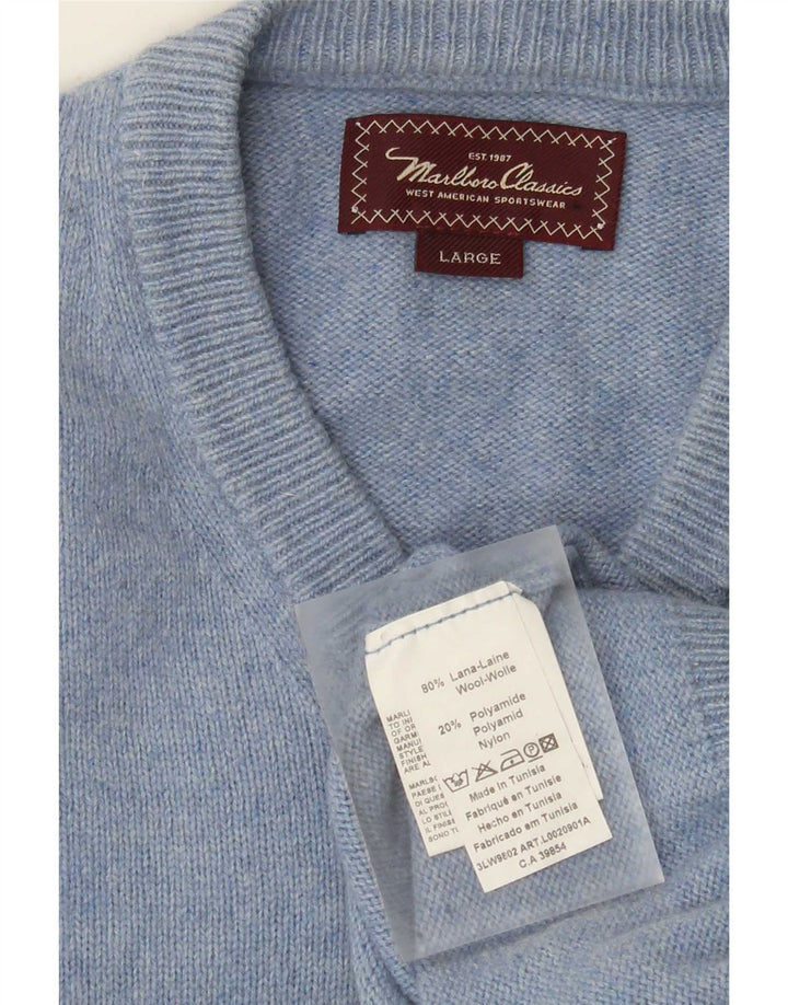 MARLBORO CLASSICS Mens V-Neck Jumper Sweater Large Blue Wool