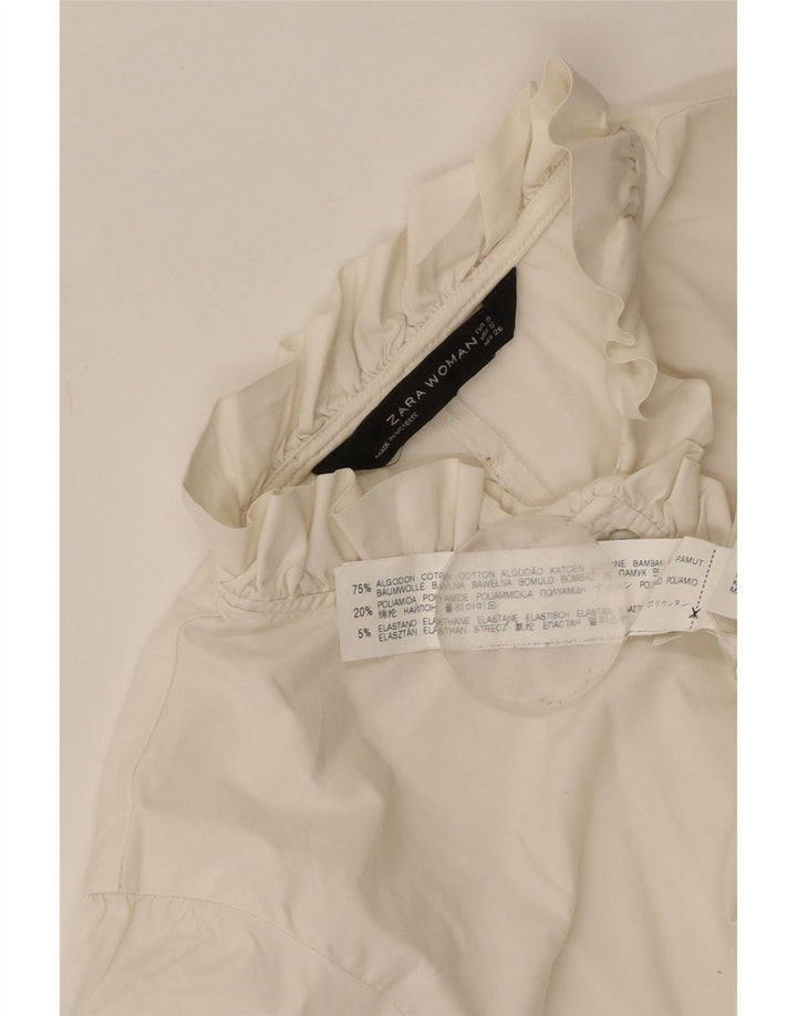 Zara Womens Ruffle Front Pullover Shirt UK 8 Small White Cotton