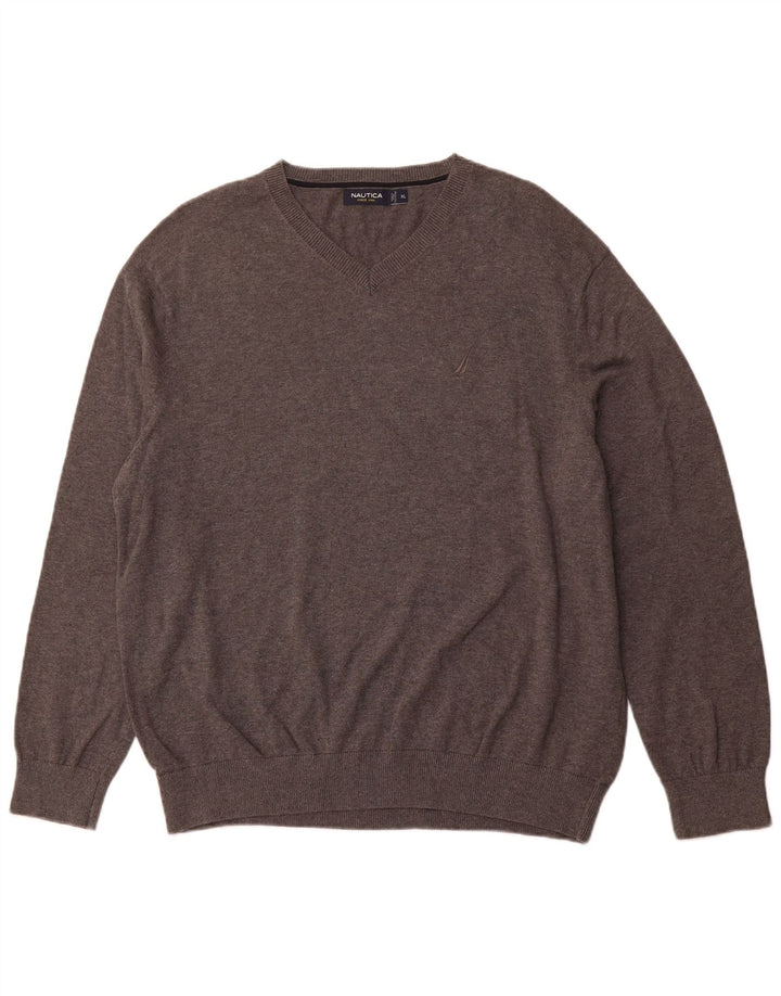 NAUTICA Mens V-Neck Jumper Sweater XL Grey Cotton