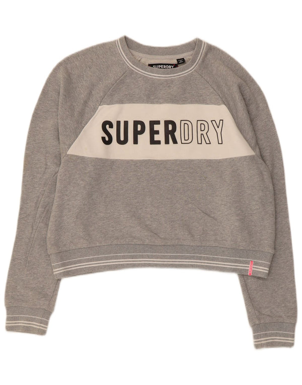 Superdry Womens Crop Graphic Sweatshirt Jumper UK 14 Medium Grey Cotton