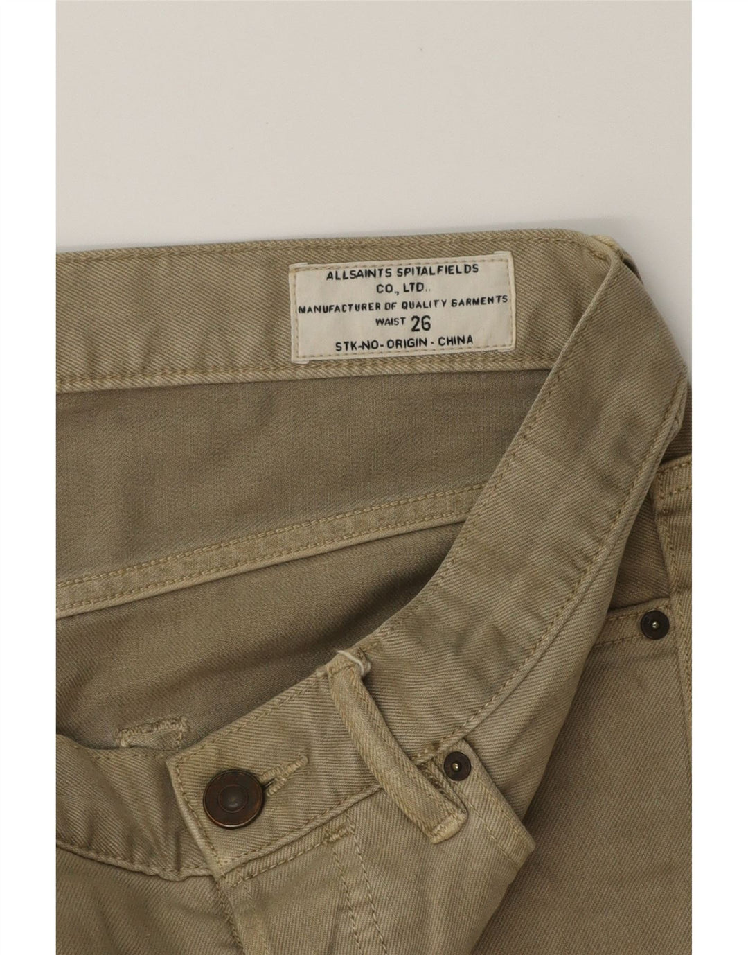 ALL SAINTS Mens Slim Jeans W26 L32 Khaki Cotton Vintage All Saints and Second-Hand All Saints from Messina Hembry 