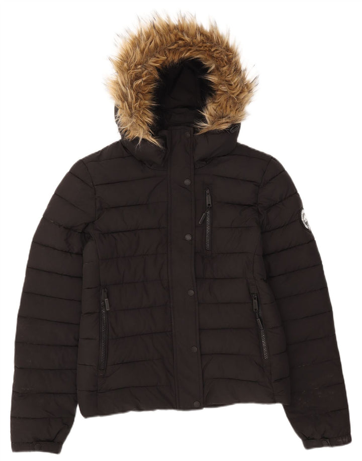 Superdry Womens Hooded Padded Jacket UK 10 Small Black Polyester