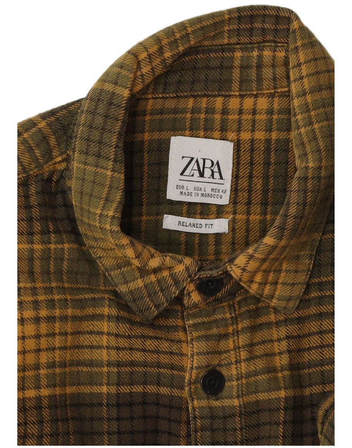 Zara Mens Relaxed Fit Flannel Shirt Large Khaki Check