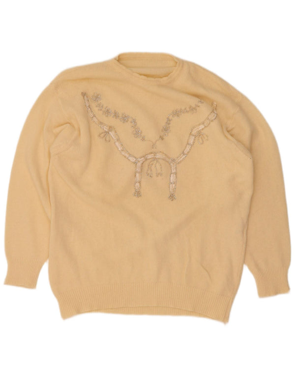 Vintage Womens Graphic Crew Neck Jumper Sweater UK 16 Large Yellow Wool
