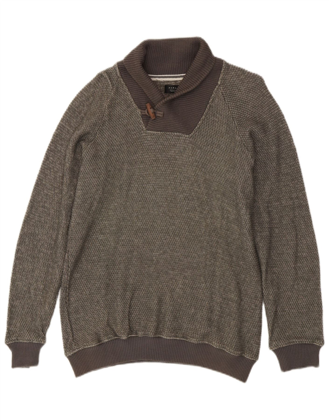 Zara Mens Shawl Neck Jumper Sweater Medium Green Cotton