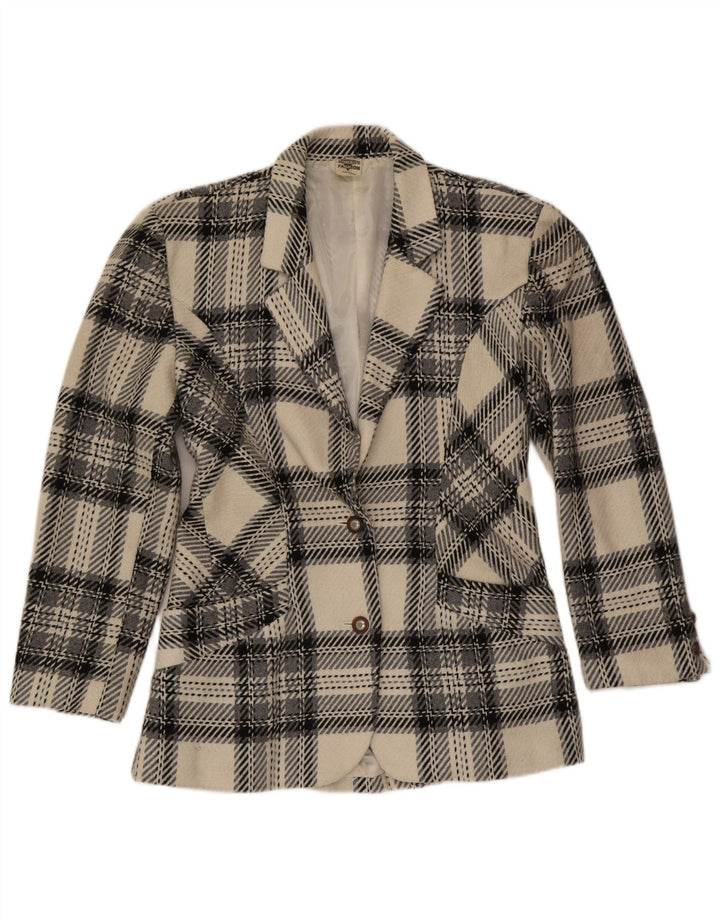 Vintage Womens 2 Button Blazer Jacket UK 12 Medium Off White Plaid Wool