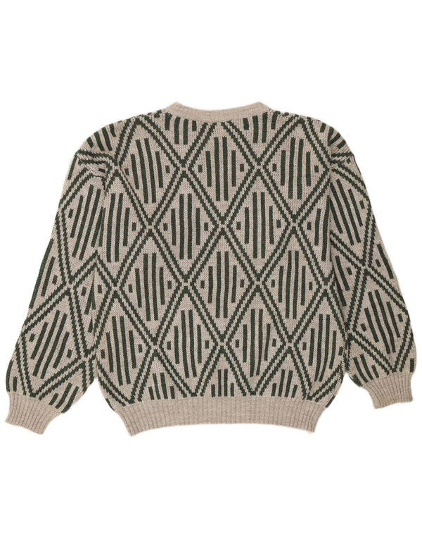 Vintage Mens Crew Neck Jumper Sweater Medium Grey Geometric Acrylic