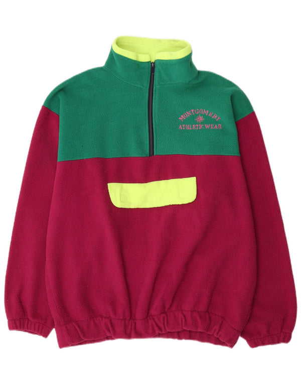 Vintage Mens Graphic Zip Neck Fleece Jumper Large Red Colourblock Cotton