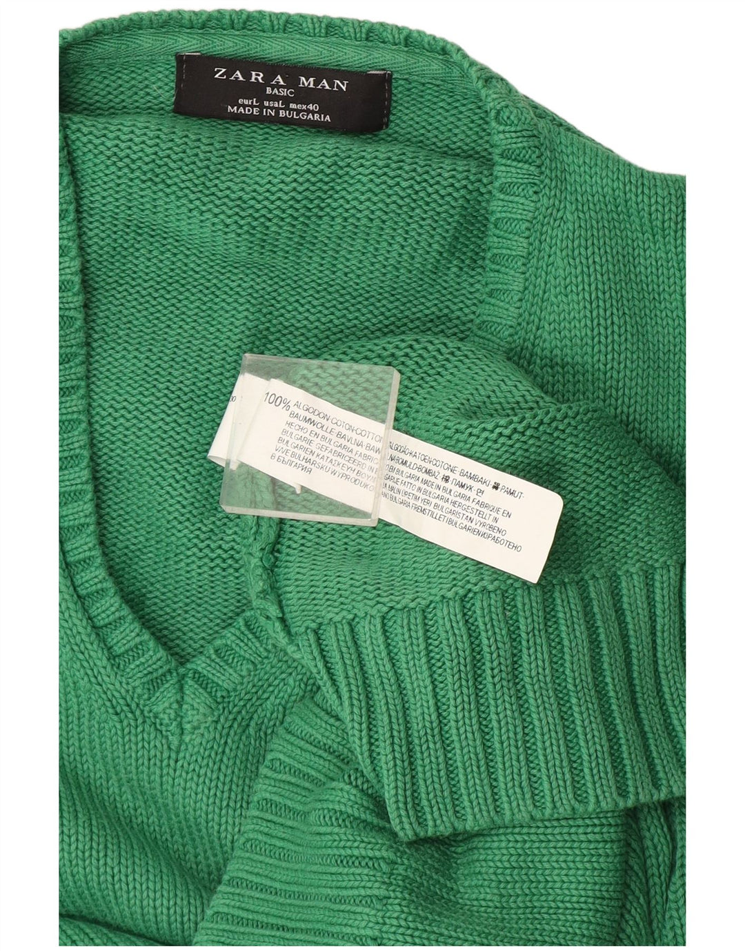 Zara Mens V-Neck Jumper Sweater Large Green Cotton