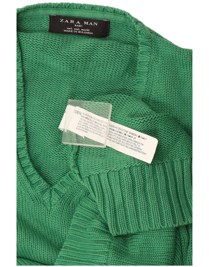 Zara Mens V-Neck Jumper Sweater Large Green Cotton