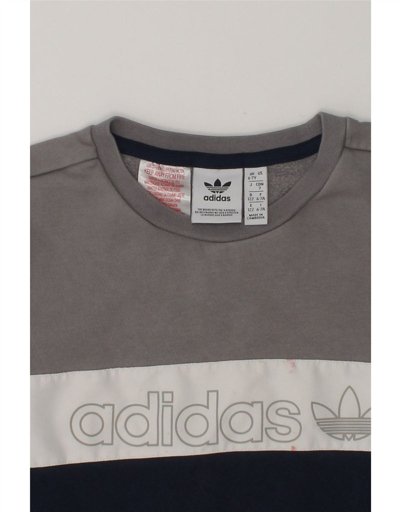 ADIDAS Boys Graphic Sweatshirt Jumper 6-7 Years Grey Colourblock Cotton | Vintage Adidas | Thrift | Second-Hand Adidas | Used Clothing | Messina Hembry 