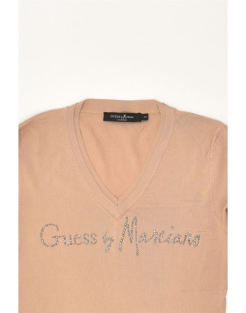 GUESS BY MARCIANO Womens Graphic V-Neck Jumper Sweater US 2 XS Beige | Vintage Guess By Marciano | Thrift | Second-Hand Guess By Marciano | Used Clothing | Messina Hembry 