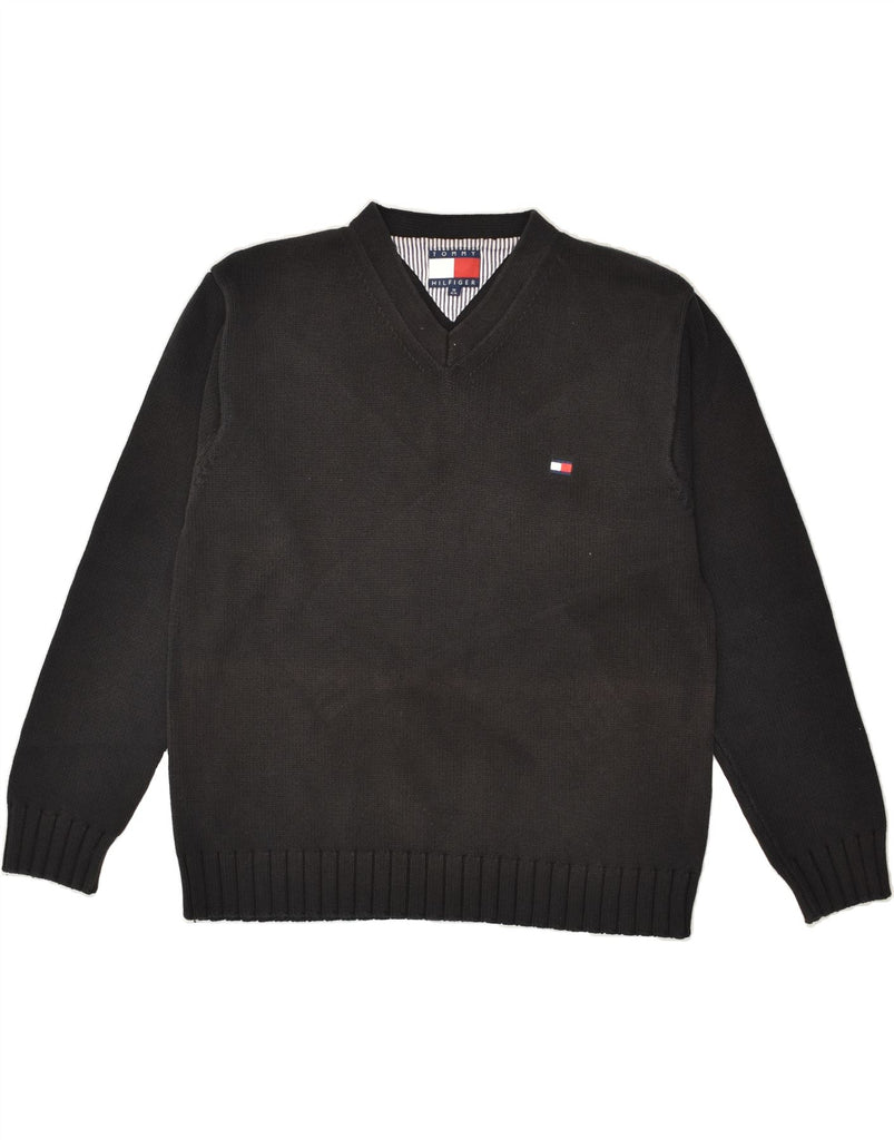 TOMMY HILFIGER Mens V-Neck Jumper Sweater Medium Black Cotton | Vintage Tommy Hilfiger | Thrift | Second-Hand Tommy Hilfiger | Used Clothing | Messina Hembry 