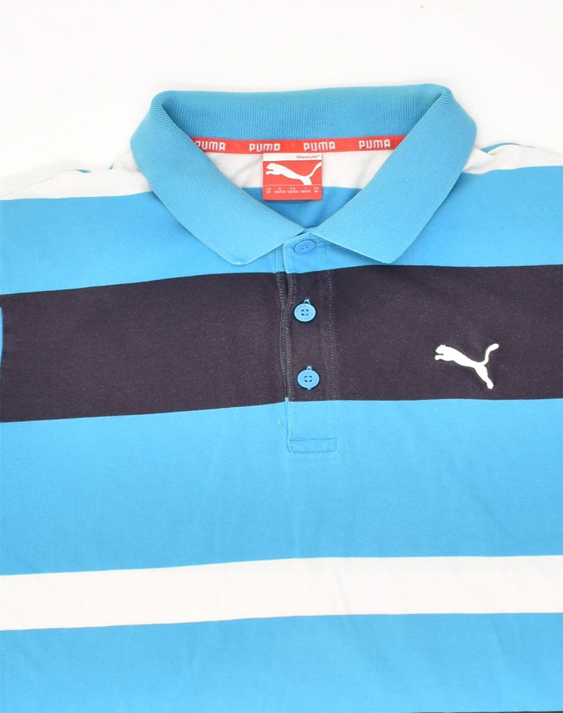 PUMA Mens Polo Shirt Medium Blue Striped Cotton | Vintage Puma | Thrift | Second-Hand Puma | Used Clothing | Messina Hembry 