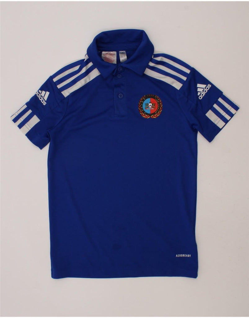ADIDAS Boys Aeroready Graphic Polo Shirt 9-10 Years Blue Polyester Vintage Adidas and Second-Hand Adidas from Messina Hembry 