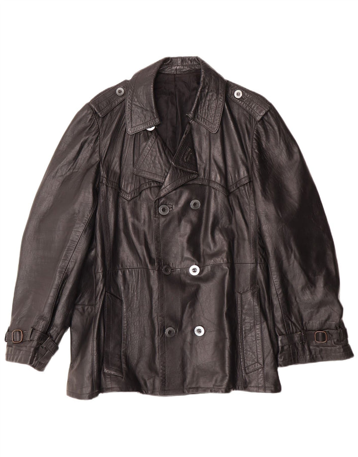 Vintage Mens Double Breasted Leather Jacket UK 40 Large Black Leather