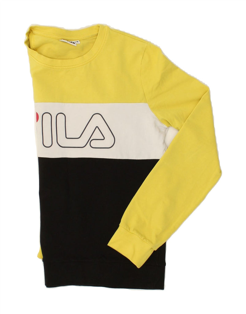 FILA Womens Graphic Sweatshirt Jumper UK 14 Medium Yellow Colourblock | Vintage Fila | Thrift | Second-Hand Fila | Used Clothing | Messina Hembry 