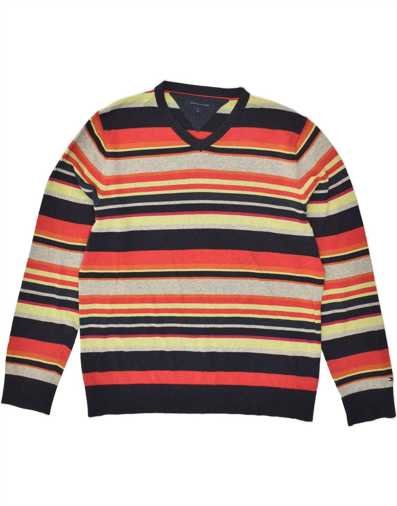 TOMMY HILFIGER Mens V-Neck Jumper Sweater Large Multicoloured Striped | Vintage Tommy Hilfiger | Thrift | Second-Hand Tommy Hilfiger | Used Clothing | Messina Hembry 