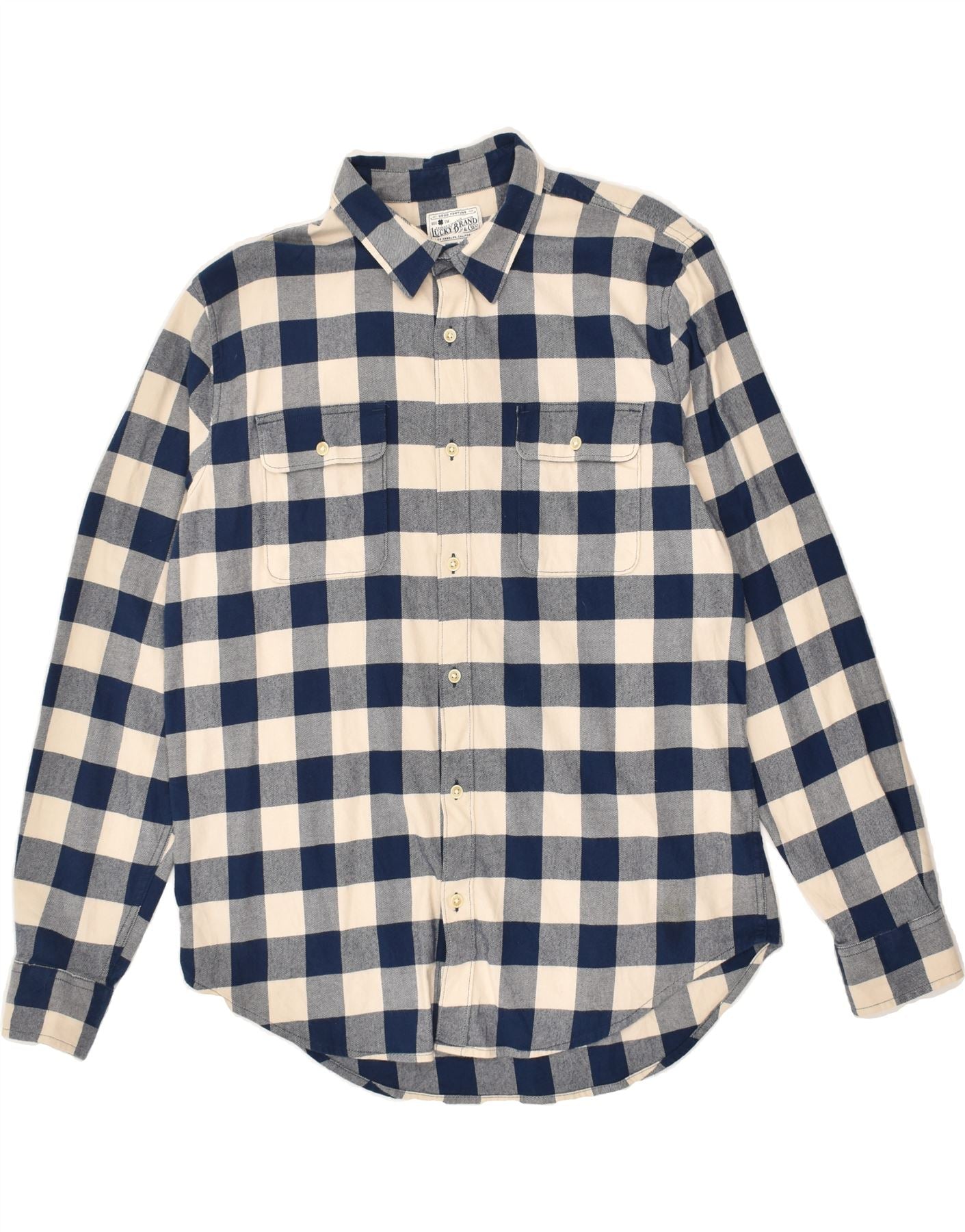 LUCKY BRAND Mens Flannel Shirt Large Blue Check Cotton