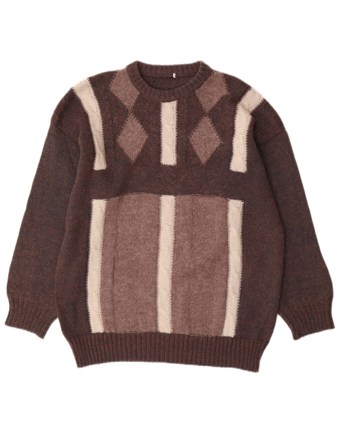 Vintage Mens Crew Neck Jumper Sweater Large Brown Geometric