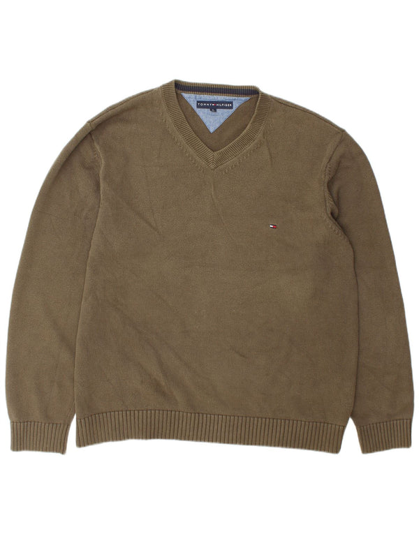 Tommy Hilfiger Mens V-Neck Jumper Sweater XL Khaki Cotton