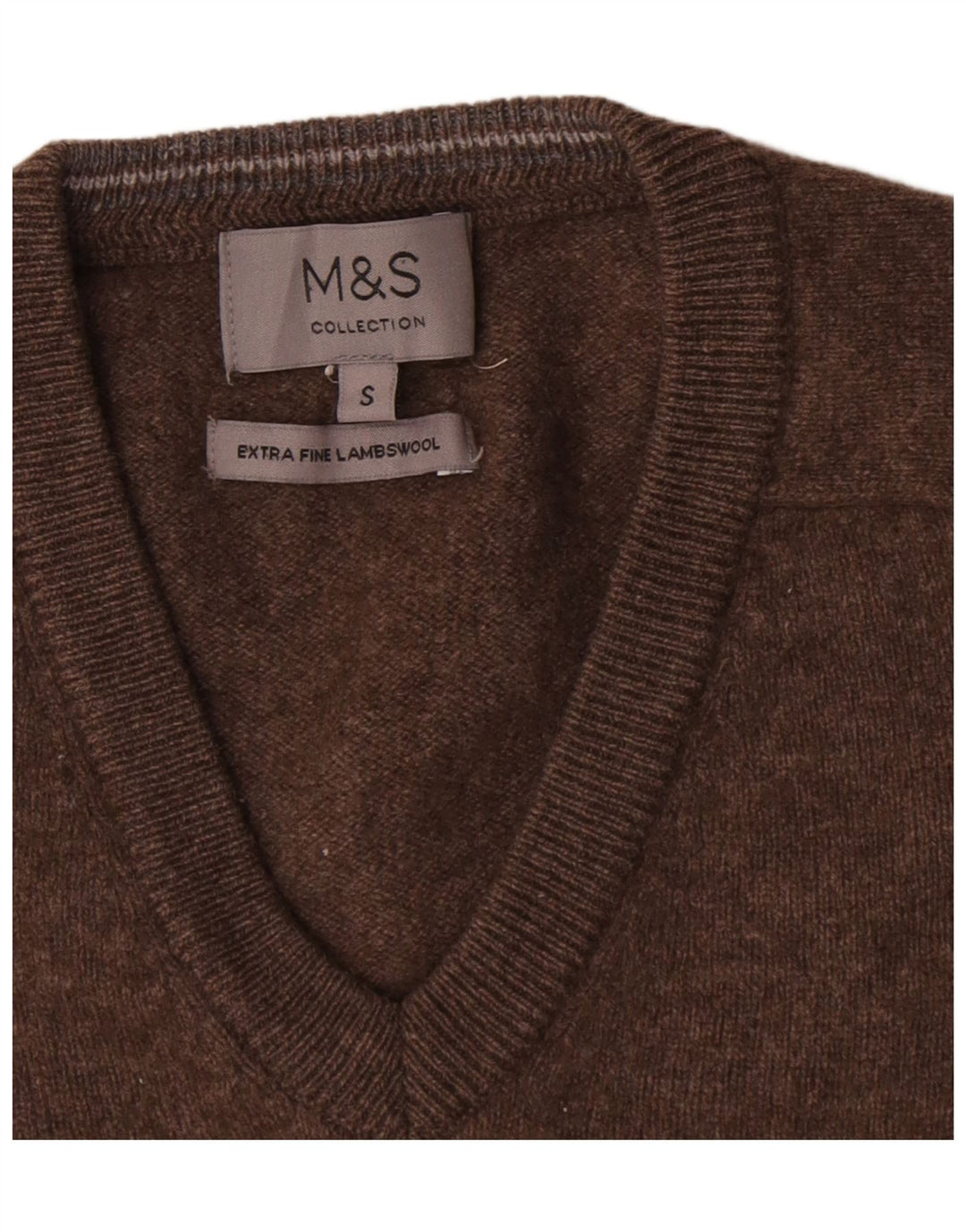 Marks & Spencer Mens V-Neck Jumper Sweater Small Brown Lambswool