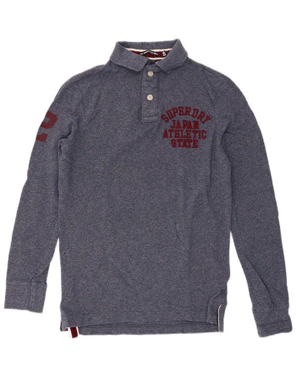 Superdry Mens Graphic Long Sleeve Polo Shirt Small Navy Blue Flecked Cotton