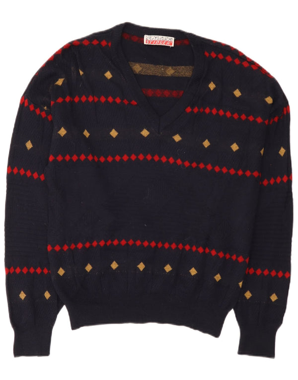 Vintage Mens V-Neck Jumper Sweater EU 38 Small Navy Blue Geometric