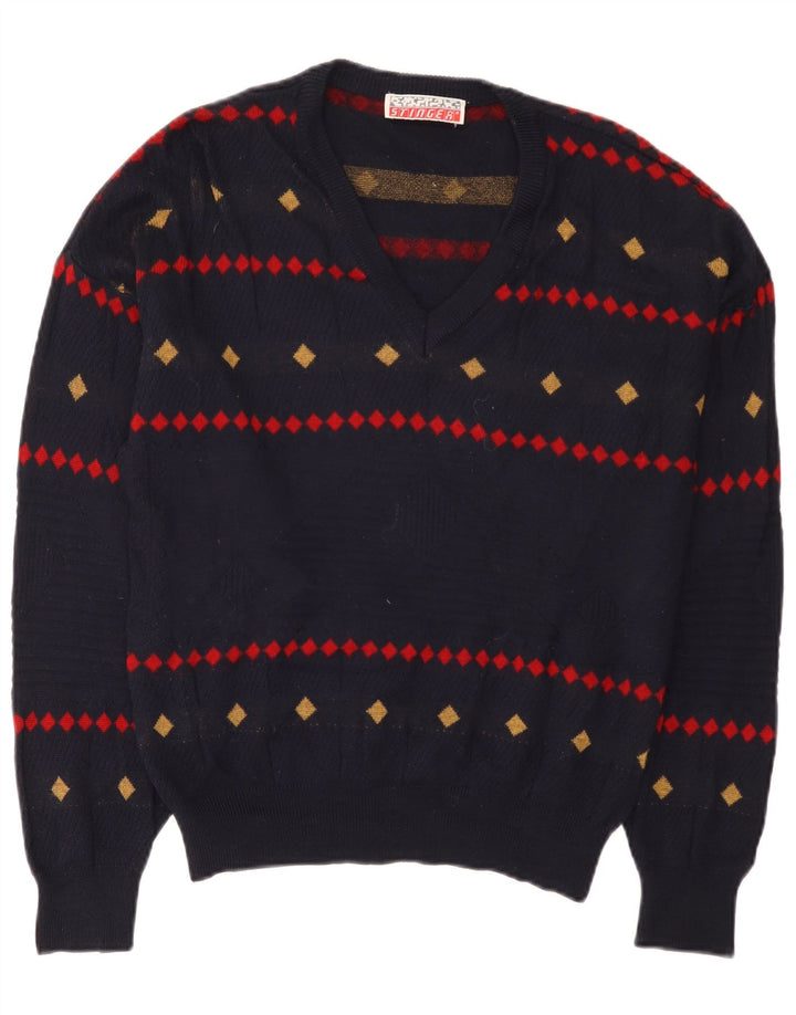 Vintage Mens V-Neck Jumper Sweater EU 38 Small Navy Blue Geometric