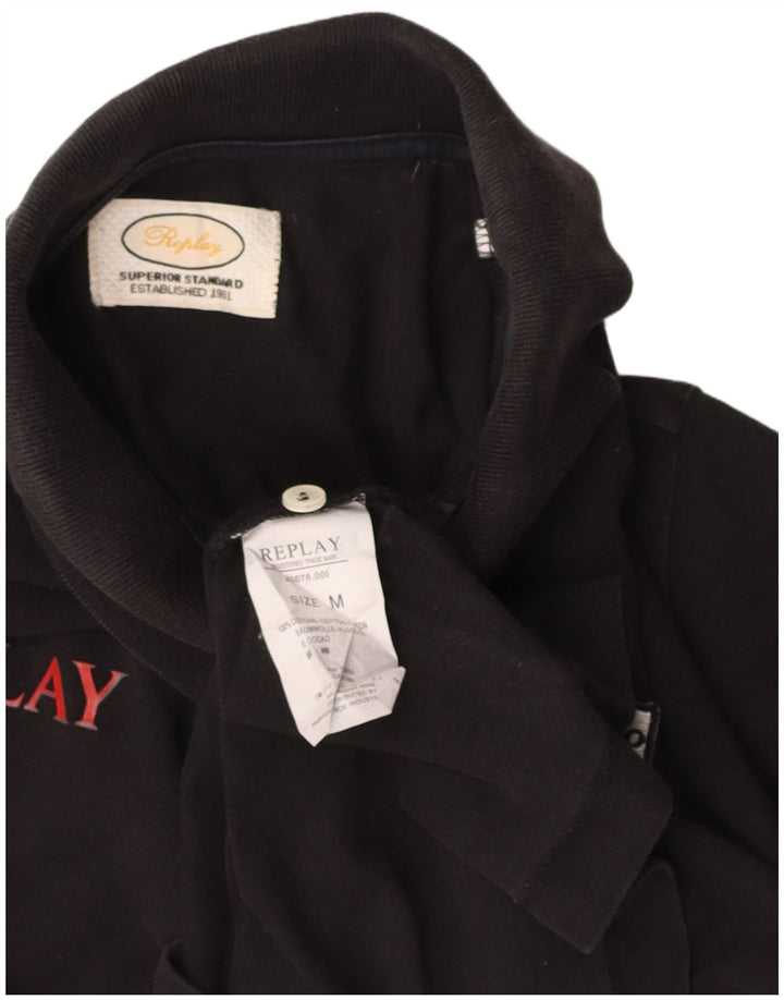 REPLAY Mens Graphic Polo Shirt Medium Black Cotton