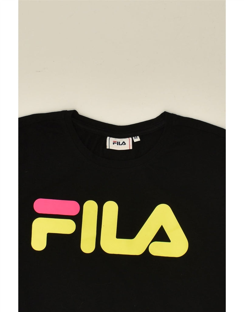 FILA Womens Crop Graphic T-Shirt Top UK 12 Medium Black Cotton | Vintage Fila | Thrift | Second-Hand Fila | Used Clothing | Messina Hembry 