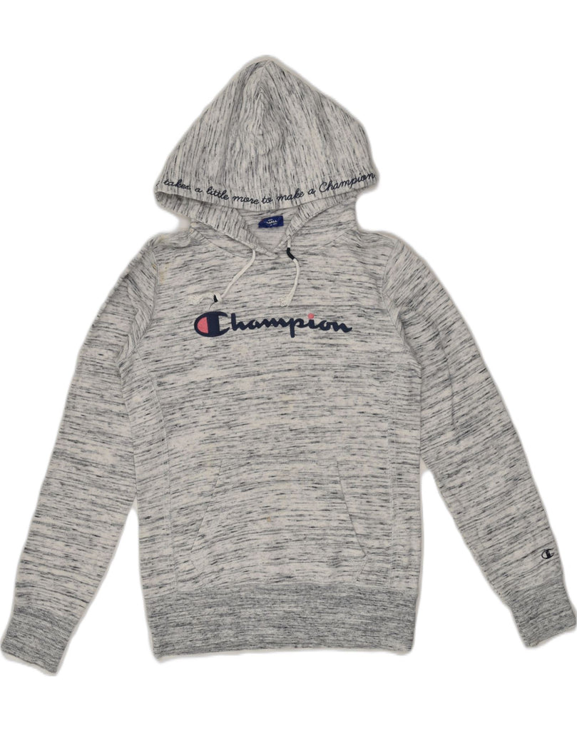 CHAMPION Womens Graphic Hoodie Jumper UK 8 Small Grey Polyester | Vintage Champion | Thrift | Second-Hand Champion | Used Clothing | Messina Hembry 