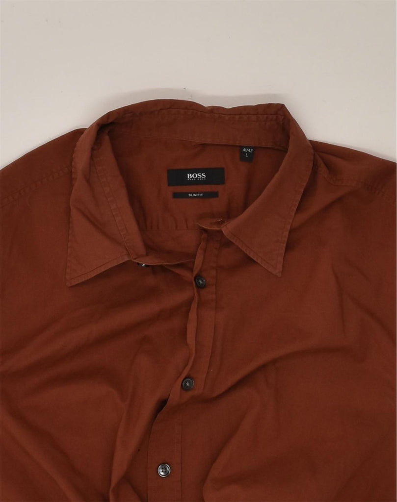 HUGO BOSS Mens Slim Fit Shirt Size 41/42 Large Brown Cotton | Vintage Hugo Boss | Thrift | Second-Hand Hugo Boss | Used Clothing | Messina Hembry 