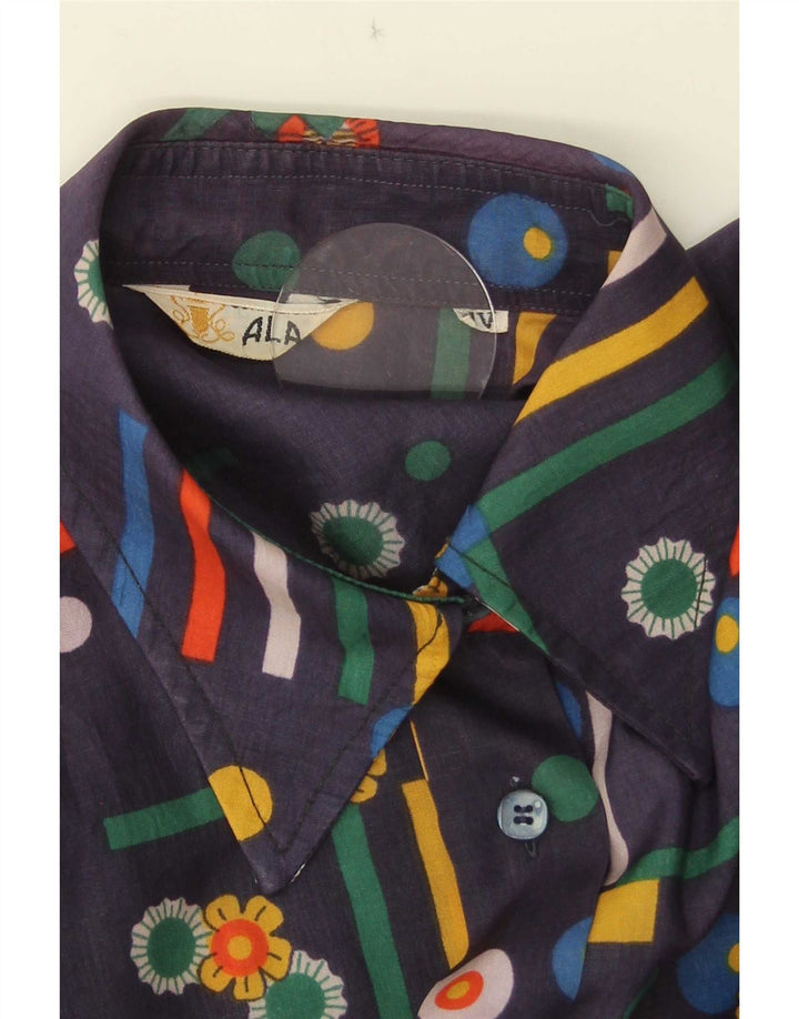 Vintage Womens Short Sleeve Shirt UK 14 Medium Navy Blue Geometric