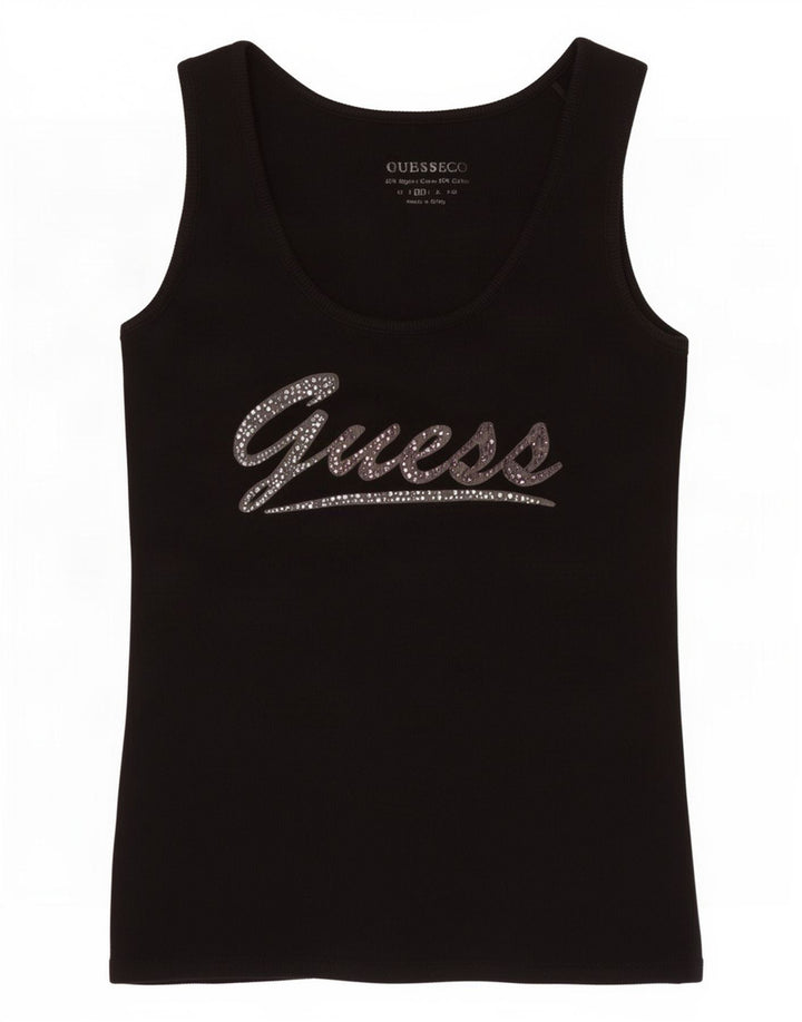 Guess Womens Graphic Vest Top UK 12 Medium Black Cotton