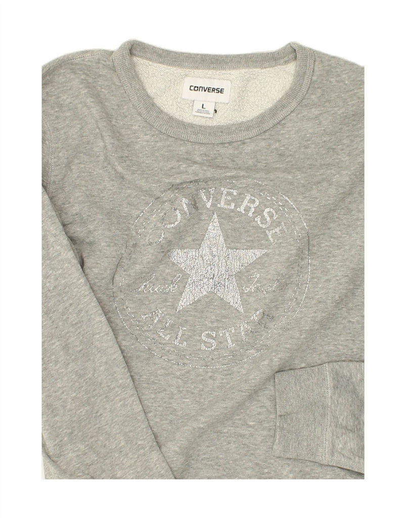 CONVERSE Womens Graphic Sweatshirt Jumper UK 14 Large Grey Cotton | Vintage Converse | Thrift | Second-Hand Converse | Used Clothing | Messina Hembry 