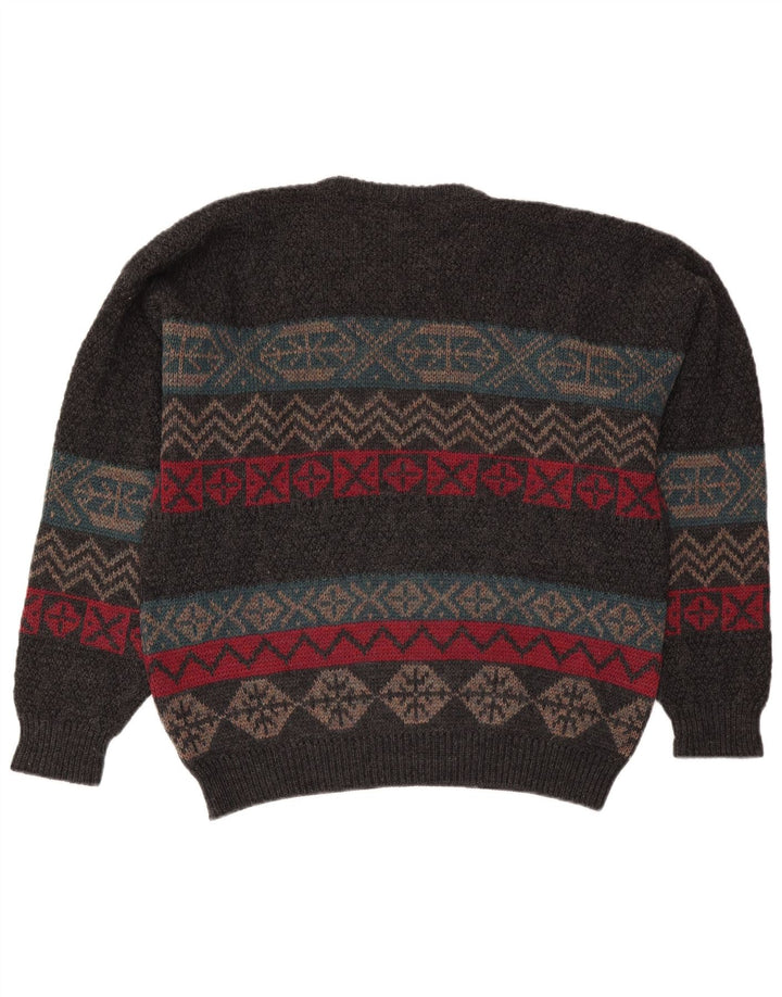 Vintage Mens Crew Neck Jumper Sweater XL Grey Fair Isle Wool