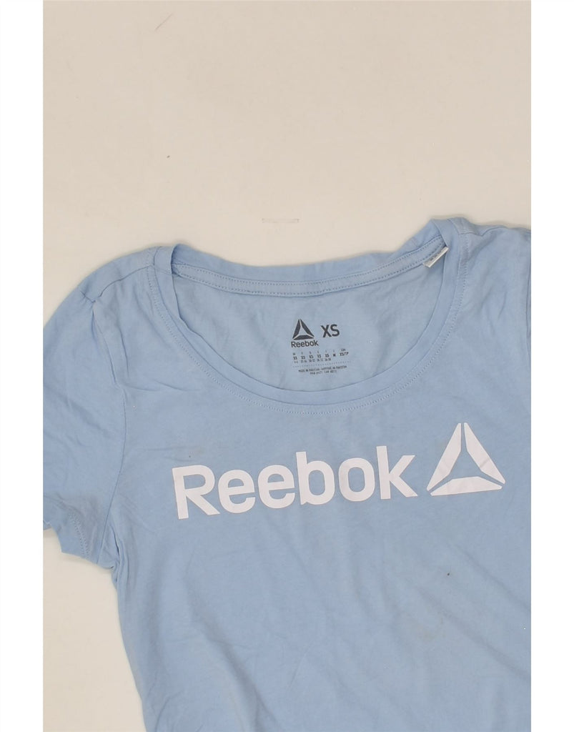 REEBOK Womens Graphic T-Shirt Top UK 6 XS Blue Cotton | Vintage Reebok | Thrift | Second-Hand Reebok | Used Clothing | Messina Hembry 