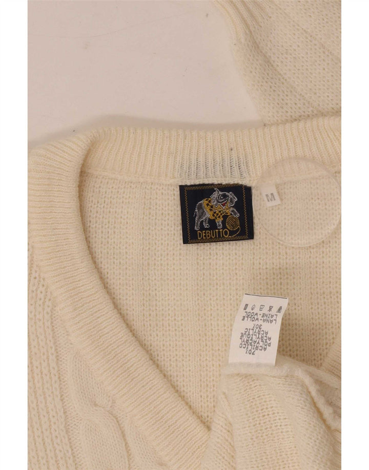 Vintage Mens Regular Fit V-Neck Jumper Sweater Medium Off White Classic